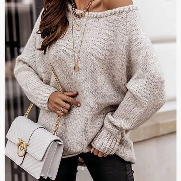 New Wide Crew Neck Ribbed Knitted Oversized Sweater - Picture 1 of 5